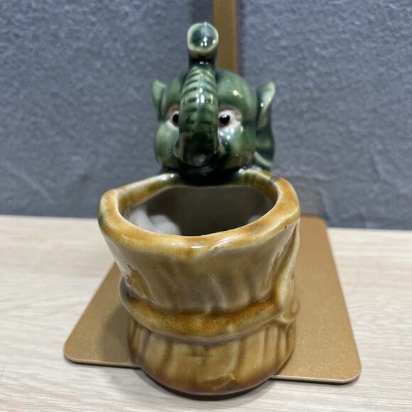 Vintage MCM Green Elephant Glazed Ceramic Planter Pot Holder Good Luck Posed - Picture 2 of 8